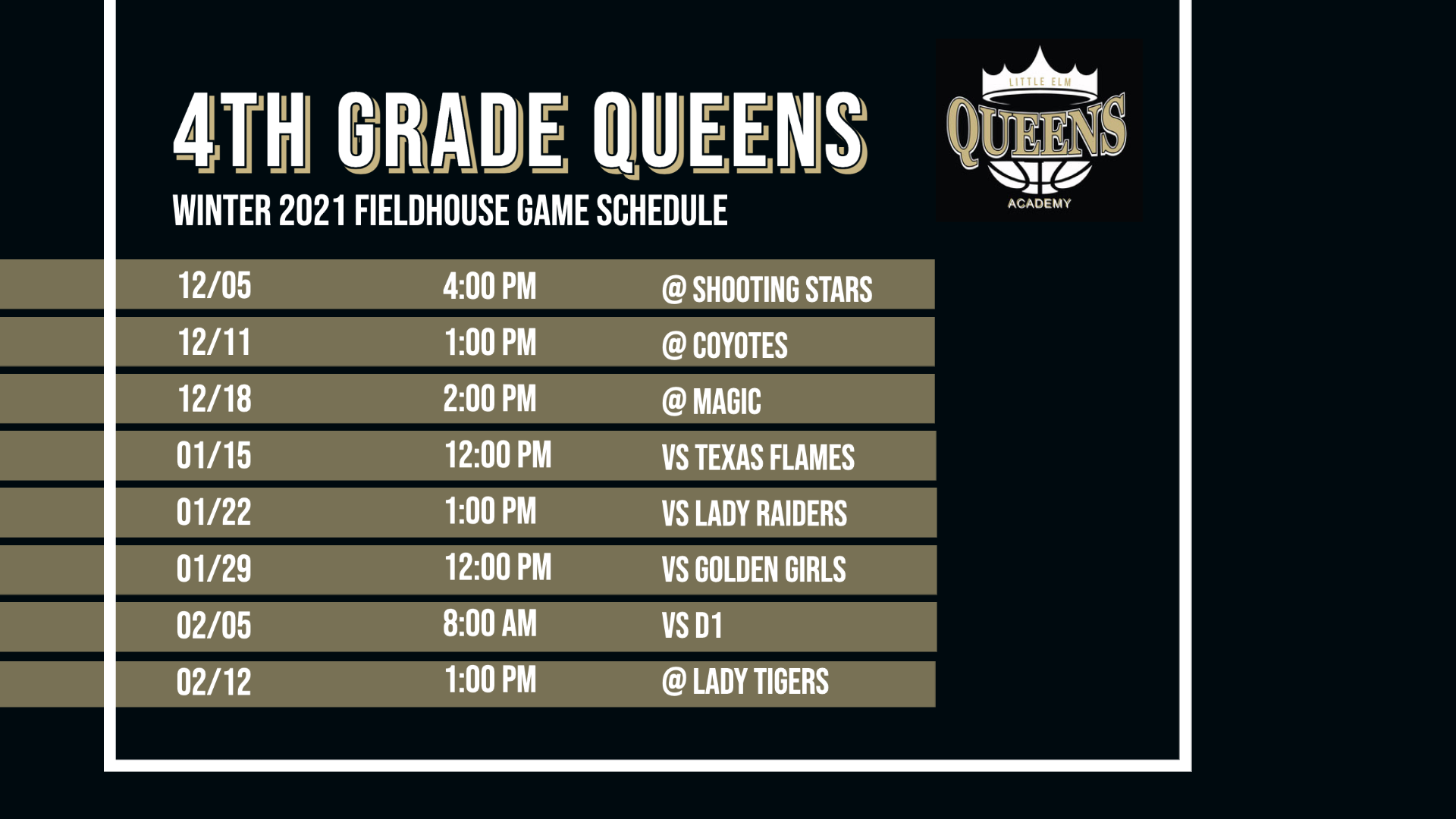 4th Grade Queens Game Schedule