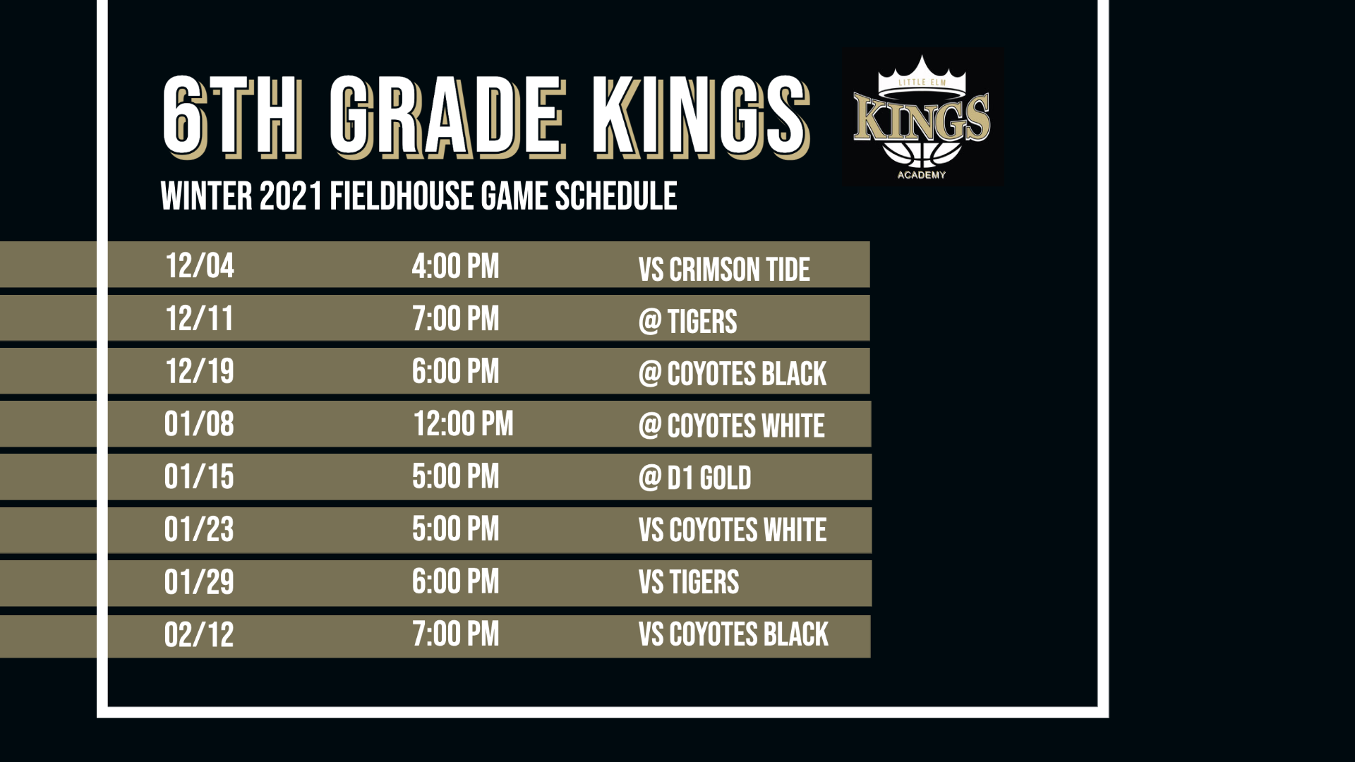 6th Grade Kings Game Schedule