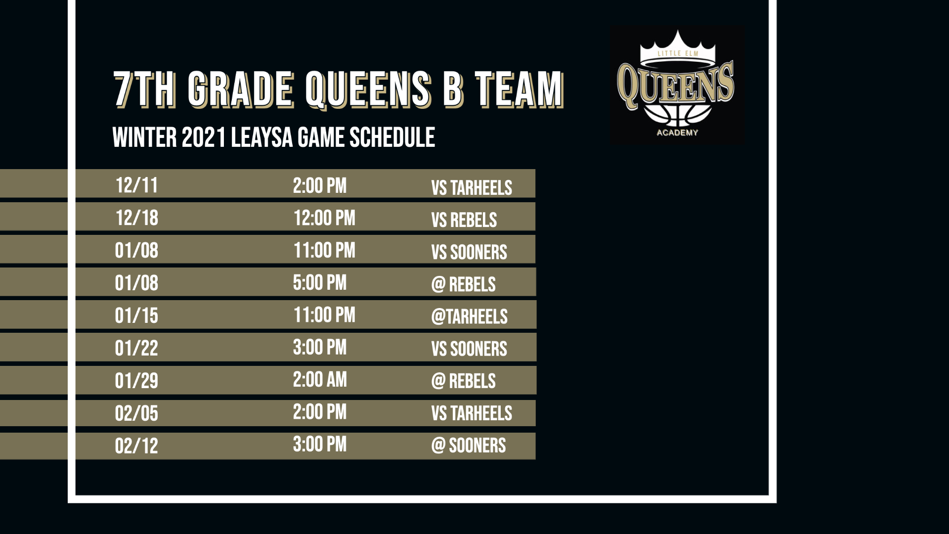 7th Grade Queens Game Schedule - B Team
